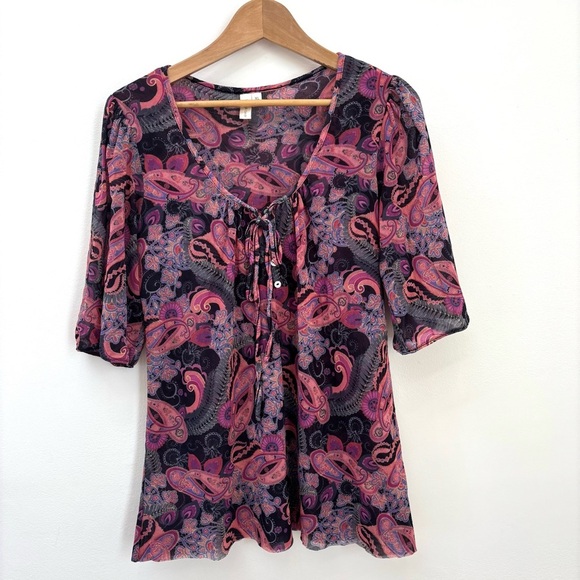 Anthropologie Daisy & Clover Mesh Paisley Floral Peasant Top Boho Multicolor XL - Picture 12 of 13